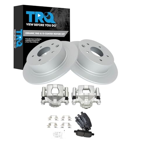 Image of TRQ Rear Brake Pad and Rotor Set Ceramic Coated Rotors Calipers Compatible with 2002-2006 2013-2017 Nissan Altima 2004-2006 Maxima
