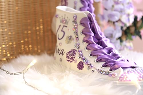 Flowers Quinceañera Party Shoes Sneakers for Girl Personalized Tennis Gift Mis XV Bling Zapatillas Decor Letter Shoes (6, Lila)2