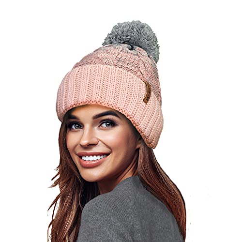 RockJock STORMACTIVE 100 % vattentäta damer unisex tjock ombre varm vinter teddy fleece fodrad stickad pompom mössa hatt, Rosa/grått, en storlek