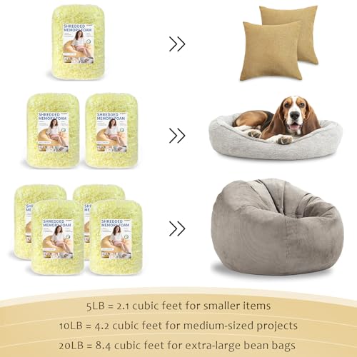 Jecqbor Bean Bag Filler: High-Density Ergonomic 5lbs Shredded Memory Foam Filling with Vacuum-Packed DIY Stuffing for Dog Beds, Punching Pillows & Kids Bean Bag Chair Refills