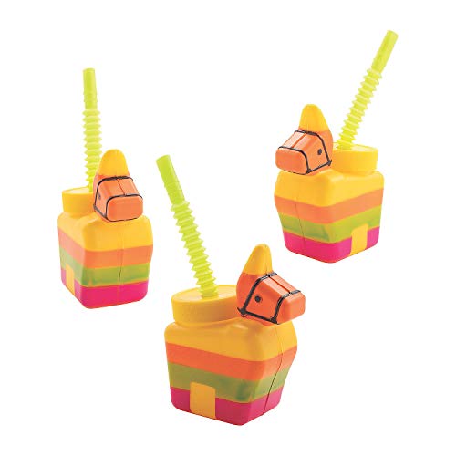 Fun Express Reusable Piñata Donkey Plastic Cups with Lids & Straws 6 oz - Perfect for Parties & Celebrations - BPA-Free - 12 Pieces
