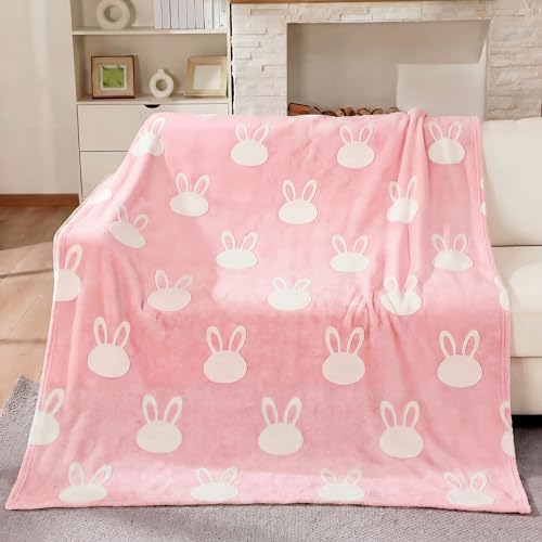 Hillsuren Easter Bunny Blanket Glow in the Dark Rabbit Pink Blanket Soft Cozy Flannel Magical Glowing Throw Birthday Easter Decor Gifts for Party Bed Couch Travel 50x60