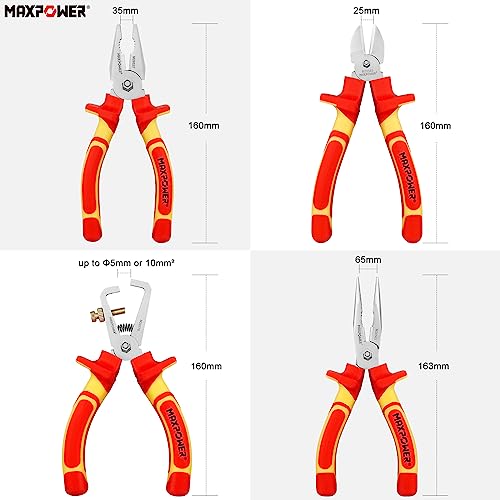 maxpower jeu de 4 pinces isolées 1000v,pince coupante diagonale electricien professionnel,pince à long bec pince, pince a denuder longueur 160 mm,poignée bi matière certifié 1000v