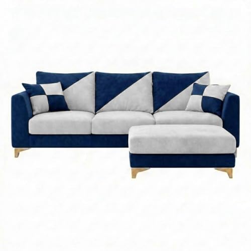 Image of Juliet Rich 4 Seater L Shape Sofa Set with Movable Ottomans | Flexible Layout | Velvet Suede Fabric | Golden Aesthetic Legs | Dual Tone Modern Sofa for Living Room (Dark Blue-Light Grey)