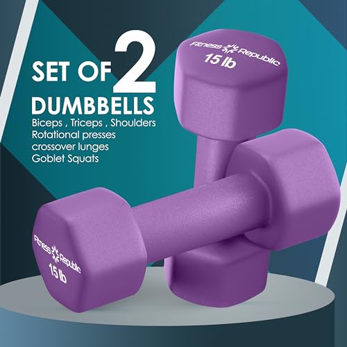 Fitness Republic 15LB Neoprene Workout Dumbbells Set of 2 - Non Slip, Anti Roll Exercise & Fitness Dumbbells - Hex Shaped Hand weights for Men & Women - Ideal for Home and Gyms training - Thumbnail 2