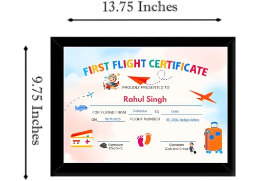 Image of First Flight Certificate for Baby, A4 Size Frame Card, Premium Glossy Print, Customisable Keepsake (Rainbow)