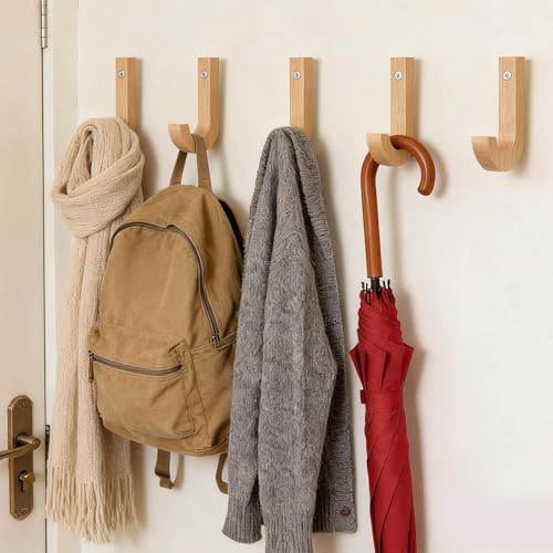 Rylae Sechs Hölzerne Garderobenhaken, Wandhaken aus Massivem Gummibaumholz, J-Förmige Wandhaken, Verschraubt, Handpoliert, Schrauben Inklusive, Geeignet für Wohnzimmer, Schlafzimmer und Küche