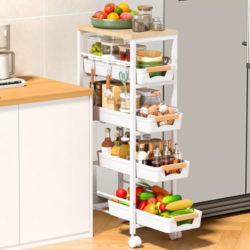 Image of SUNALLY Slim Storage Cart with Wheels, Narrow Kitchen Rolling Cart, White