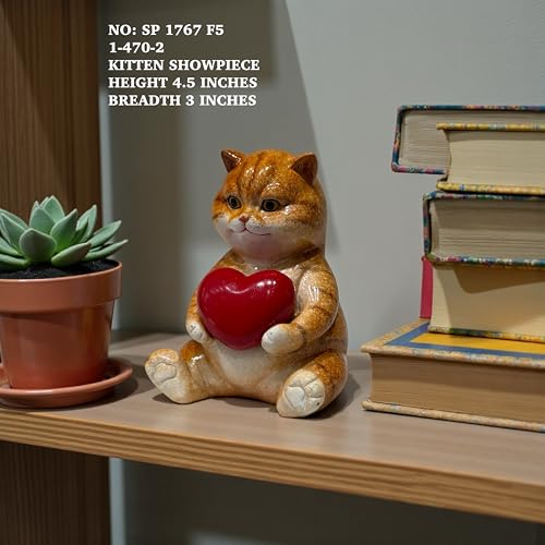 Image of AUGEN Polyresin Kitten Heart Statue Showpiece for Home Decor Decoration and Gifting (1767F5, 12cm)
