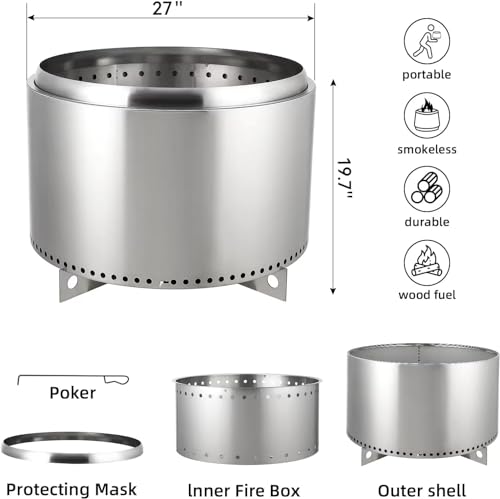 27 Inch Smokeless Fire Pit, Portable Outdoor Fire Pit with Removable Stand and Ash Pan, Perfect for 4-6 People Bonfire, Camping, Picnic, Family Gatherings for Garden