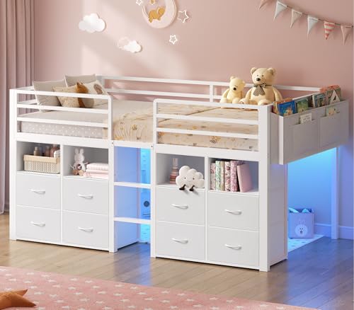 ADORNEVE Low Loft Bed Twin Size with 8 Storage Drawers, Twin Loft Bed with Bookcase and LED Lights, Metal Kids Loft Bed with 14' H Safety Guardrail, Under-Bed Play Space, No Box Spring Needed, White