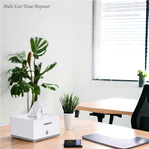 Image of KWEL Facial Tissue Dispenser and Holder Square Dispenser Top for Bathroom Vanity Countertops Bedroom ers Night Stands Desks Tables with 2 Refill - White