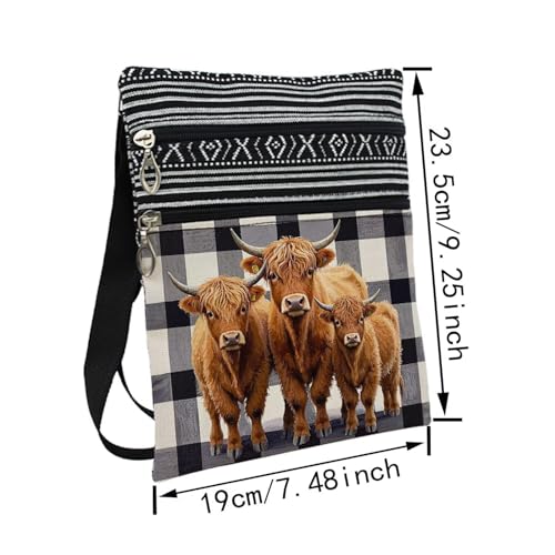 Checkered Highland Cattle Messenger Bag Small Ethnic Pattern Adjustable Strap Crossbody Zipper Pouch Highland Cattle Phone Organizer Wallet Cute Shoulder Handbag for Women Friends-22