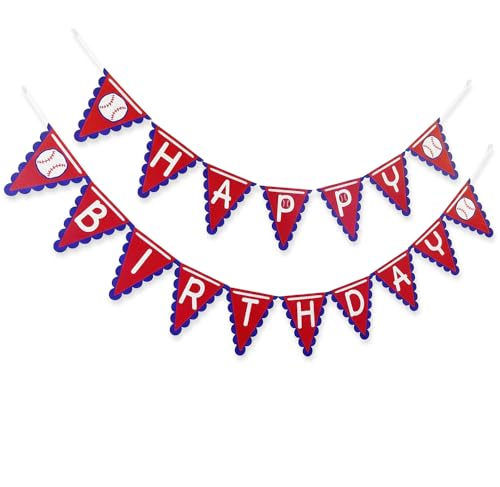 Image of Baseball Happy Birthday Banner Red Blue White Party Decorations,17Pcs Paper Bunting Birthday Supplies for Sports Theme Party,Baby Shower
