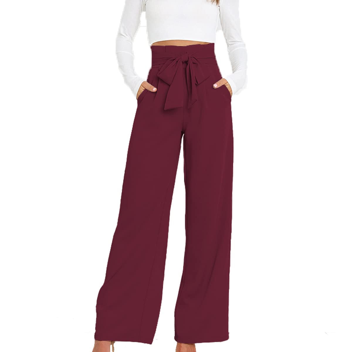 LIAOPUFUS Traje para Mujeres-Pantalones Fluidos de Cintura Alta, Cinturón de Pantalón Ancho, Cinturón de Pantalón de Cercanías, Ropa Casual