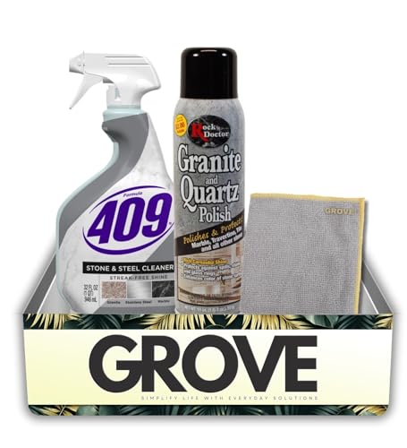 Formula 409 Stone/Steel Cleaner 32 oz Spray and Rock Doctor Clean Scent Granite Polish 18 oz Spray Bundle with Microfiber Auto Cleaning Cloth Stone and Countertop Care Gift Set (3 Items)