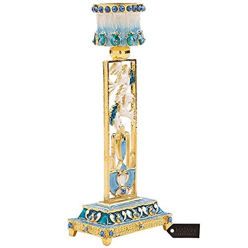 Matashi Shabbat Candlestick Holder (2-Piece Set) Candle Holder Hand-Painted, Gold-Plated Pewter Tall, Vintage Craftsmanship Adorned W/Doves Jewish Holiday Decor (Light Blue) #TOP3