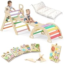 BlueWood 8-in-1 Pikler Triangle Set Rainbow with Cushion and Wooden Busy Board