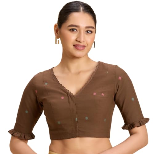 Image of Studio Shringaar Women's Handloom Cotton Jamdani Border Readymade Saree Blouse