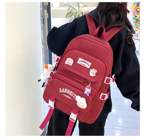 Cute backpack with accessories kawaii 5PCS Set Aesthetic Waterproof backbags (Red)3