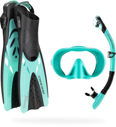 Cressi 3Pc Travel Snorkel Set, Mask & Tonga Fins, Aqua Green, Large-X-Large