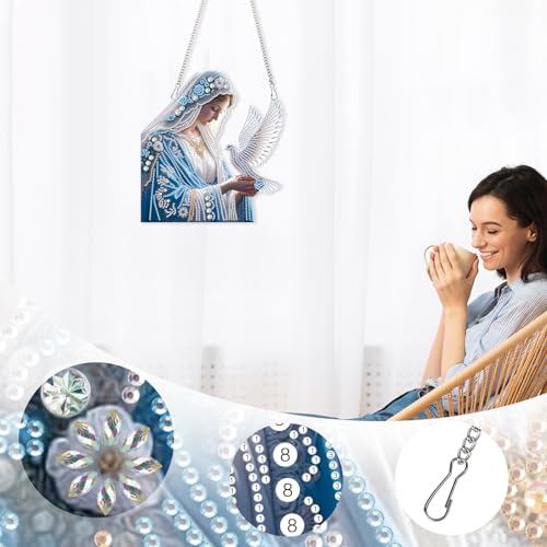 Image of AiYuanzsh Oversized Diamond Art Hanging Kit Virgin Mary with Dove, Religious Special Shaped Diamond Painting Suncatcher Ornament for Adults DIY Spiritual Wall Window Pendant Decor