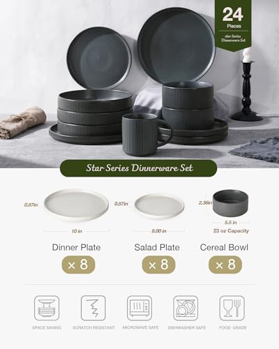 Image of Famiware Star 24-Piece Reactive Glaze Plates and Bowls Sets, Service for 8 - Stoneware Dinnerware Set, High Edge Ribbed Dishes, Chip & Scratch Resistant, Microwave & Dishwasher Safe, White & Black