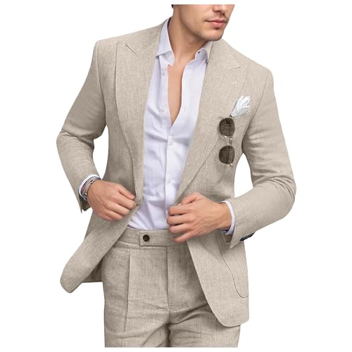 Fesenbo Mens Casual Suits Beige Linen Suit Slim Fit 2 Piece Lightweight Jacket and Dress Pants Set Groomsmen Suit for Wedding L