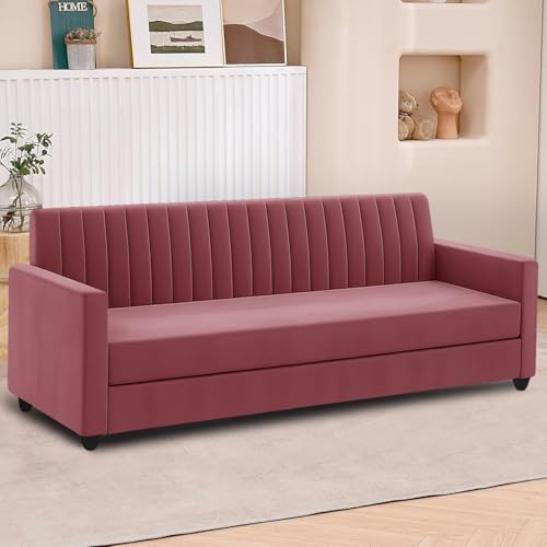 Image of 5-Seater Wooden Sofa Set (3+2) with Ottoman, Soft Velvet Upholstery, Elegant Space-Saving Design for Living Room, Home & Guest Room - Rose Pink