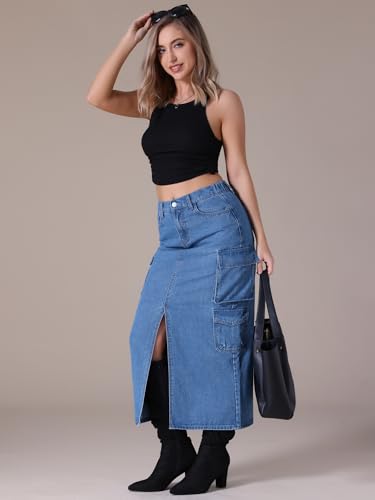 Women's Long Denim Skirt with Slit Elastic Waist Cargo Denim Maxi Skirts2