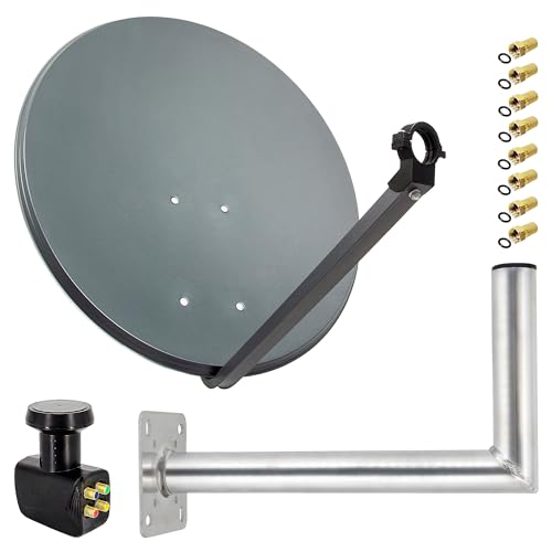 PremiumX Satelliten-Komplettanlage 80cm Satellitenantenne Anthrazit Satellitenschüssel Quad LNB...