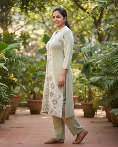 Image of KTI Full Sleeve Knee Length Floral Design Woolen Fabric 3 PC Kurti Set for Women Art NO-94164