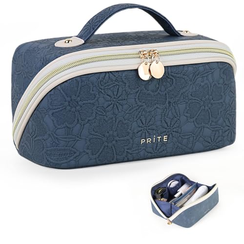 Prite Bolsa de cosméticos de gran capacidad bolsa de maquillaje portátil de viaje impermeable de cuero PU bolsa de maquillaje o neceser con separador transparente y asa, azul flores, large