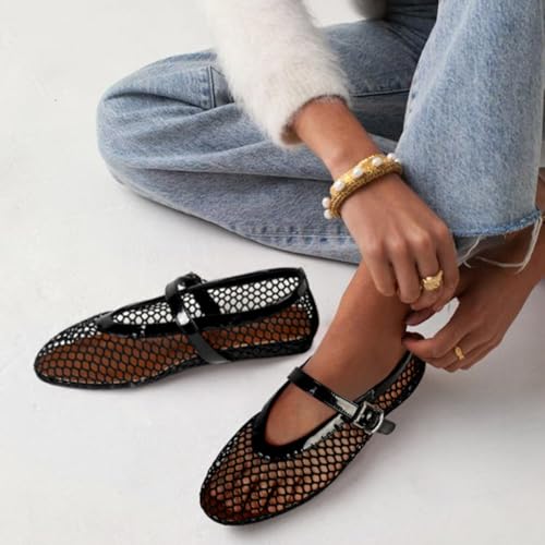 MICIFA Women's Mesh Ballet Flats Fishnet Ballerina Flats Buckle Strap Mary Jane Shoes Causal Daily Dress Shoes3