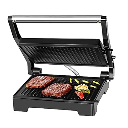 Gotoll Kontaktgrill Tischgrill, Panini & Sandwich Maker, doppelte Grillplatten, geöffnete 180° Kontakt-Grill, 1000 W, antihaftbeschichtet, isolierte Handgriffe, Edelstahlgehäuse