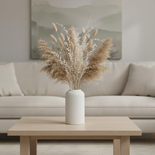 Image of White Ribbed Ceramic Flower Vase 6 Inch Matte Pampas Grass & Dried Flower Vase for Home & Office Table Decor Decorative Centerpiece Gift - Vase Only