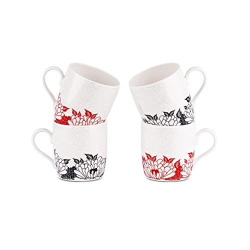 Image of Dandy Lines New Ray Garden Grace Tea Cup and Saucer Set, Black /Red, Luxury Cups with Saucers, Ceramic, Pack of 4, Microwave & Dishwasher Safe, Great for Hosting & Gifting
