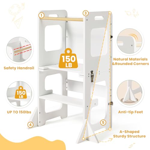 Image of labebe Toddler Standing Tower for 12M+, Montessori Foldable Learning Standing Tower with Blackboard, Anti-tip Structure Design,Wooden Kitchen Step Helper Stool for 1-3 Year Old Boy Girl Gift