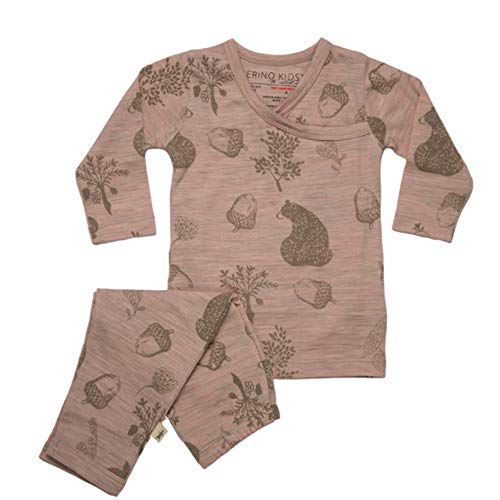 Merino Kids Long-Sleeve Pyjama Set, Misty Rose Bear Print, For Toddlers 3-4 Years
