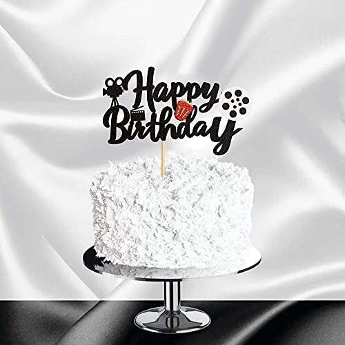 Ercadio 1 Pack Happy Birthday Movie Cake Topper Glitter Movie Night Roll Camera Popcorn Cake Pick Decorations For Famile Film Hollywood Movie Theme Baby Shower Birthday Party Supplies #TOP5