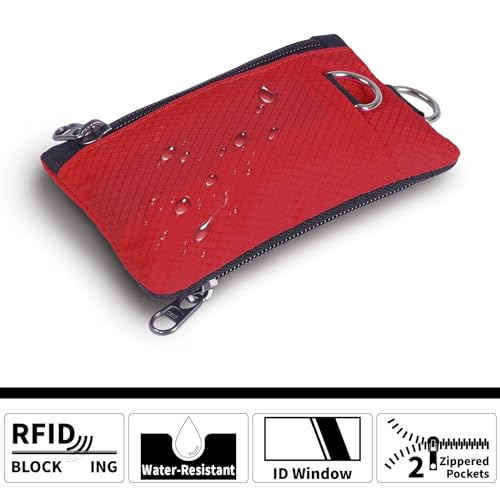 Image of TATAANTY RFID Blocking Wallet, Minimalist Wallet for Men, Small Wallet for Women with Lanyard Keychain, ID Holder Zipper for Cards, Coins, Travel, Water-resistant, Red, Casual