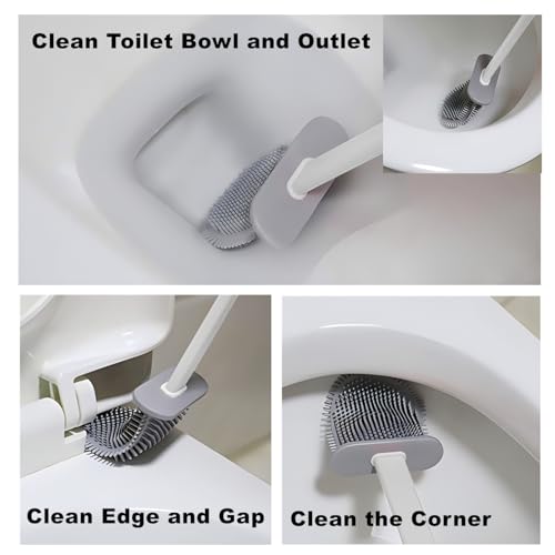 Image of Toilet Brush with Holder Silicone Toilet Brush and Cleaning Brush for Household Bathroom Toliet Brush Set (White)