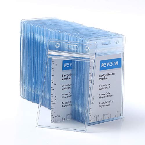 KEYLION 100 Pack ID Card Name Badge Holder, Heavy Duty Clear Transparent Plastic PVC Vertical Sleeve Pouch with Waterproof Type Resealable Zip #1