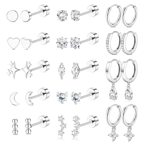 Florideco Hypoallergenic Flat Back Earrings for Women 14K Gold Plated Surgical Steel Stud Hoop Earrings for Sensitive Ears Stainless Steel Earrings Flatback Stud Cartilage Earring Set