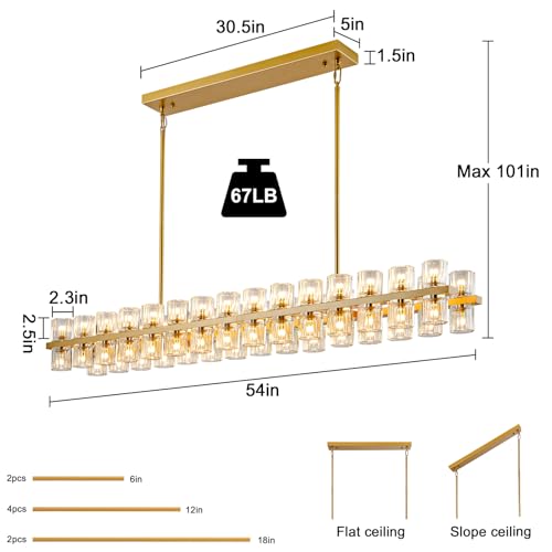 Image of Crystal Brass Rectangle Chandeliers for Dining Room, 54in Gold Farmhouse Chandeliers for Dining Room, Modern Rectangle Crystal Chandelier for Kitchen Island Living Room, Includes 60XG4 Bulbs