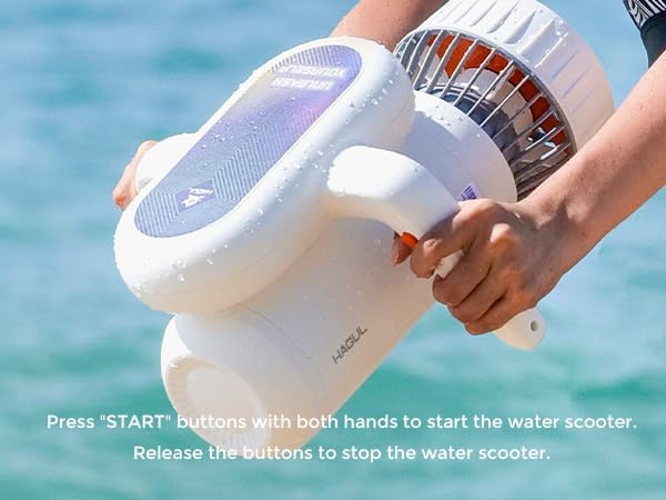 Hands holding the Hagul Underwater Scooter, illustrating how to press the start buttons.