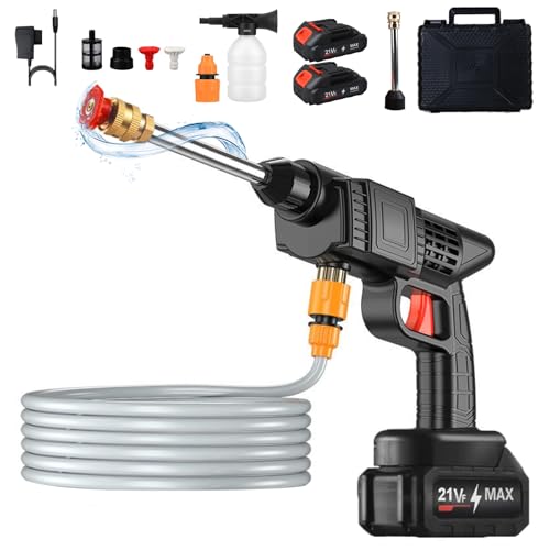 Pistola de Agua para Lavado de Coches con 2 Batería Recargables 21V y 2 Boquillas, Limpiador de Alta Presión Portátil Inalámbrica Manguera 5M, Hidrolimpiadora Bateria Portatil para Jardín Casas