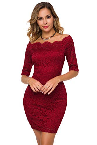 Atnlewhi Damen Vintage Spitze Floral Schulterfrei Elegant Swing Kleider A-Linie Minikleid für Party Cocktail Hochzeit, Bodycon, Weinrot, Klein