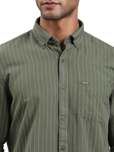 Image of Turtle Men Slim Fit Striped Cotton Linen Spanish Green Casual Shirt