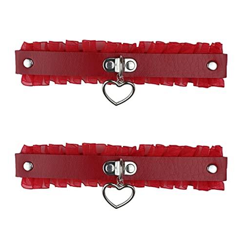 Women Girl Leather Heart Garters Goth Leg Garters Belt Punk Lace Elastic Thigh Ring Garters Adjustable Red